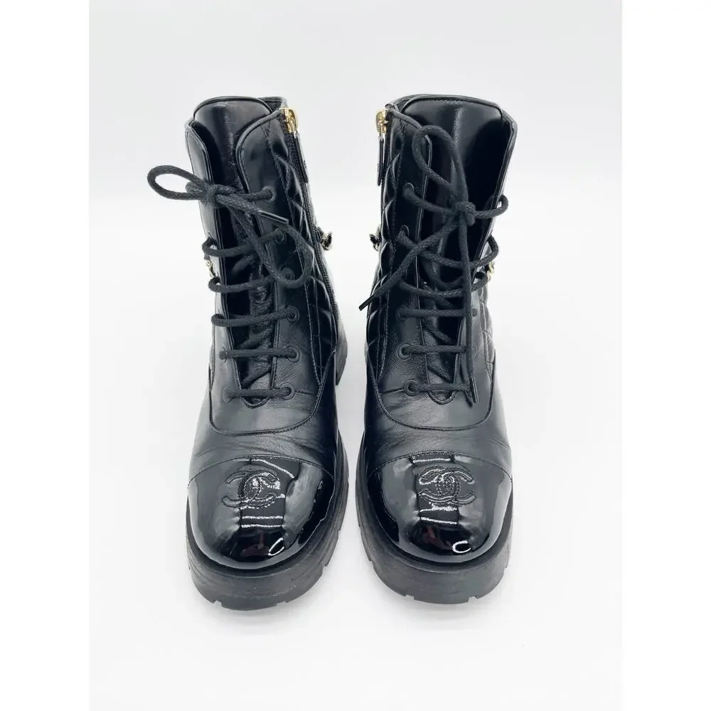 Chanel Black Quilted Patent Cap Toe Leather CC Chain Ankle Combat Boots EU 39.5